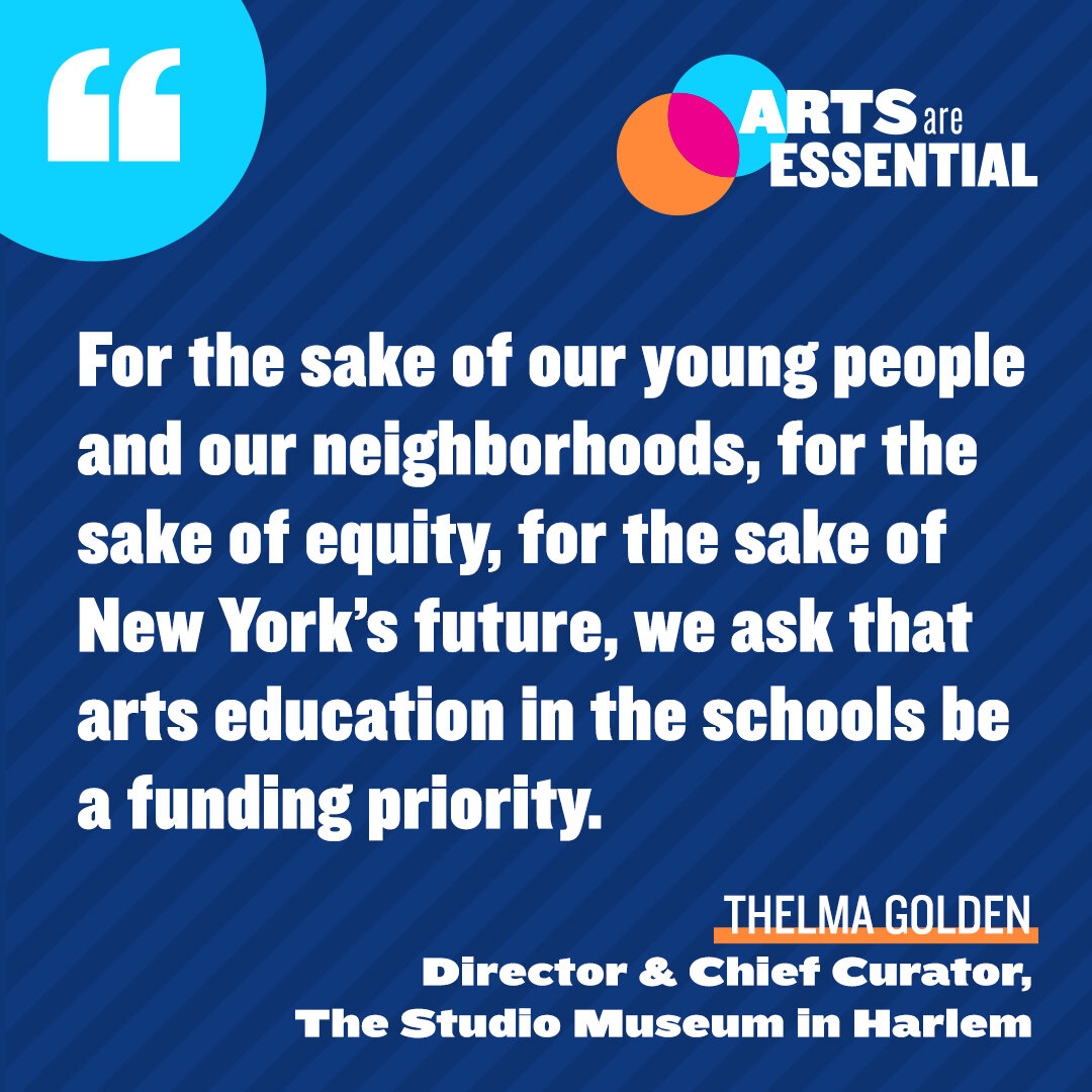 Img: An advocacy post using dark blue contrasted against teal and bright white text to share a quote about arts education. “For the sake of our young people and our neighborhoods, for the sake of equity, for the sake of New York’s future, we ask tha…