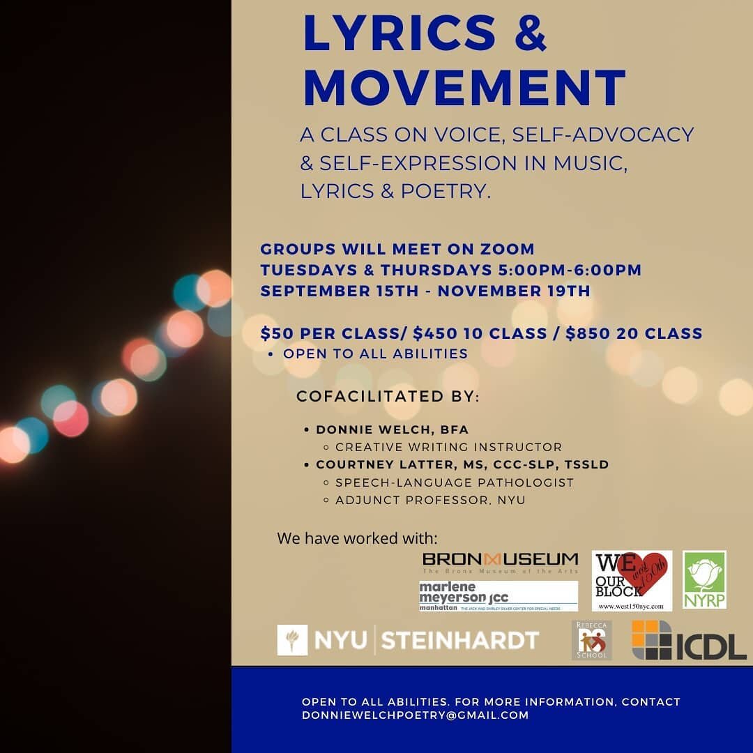 Tomorrow starts Lyrics &amp; Movement w @courtneylatter! Come read some poems, dance around, &amp; write some lyrics w us!
IMG: Flyer for Lyrics &amp; Movement. Blue font framed in peach with a pink, abstract background. Bulk of text is about class 