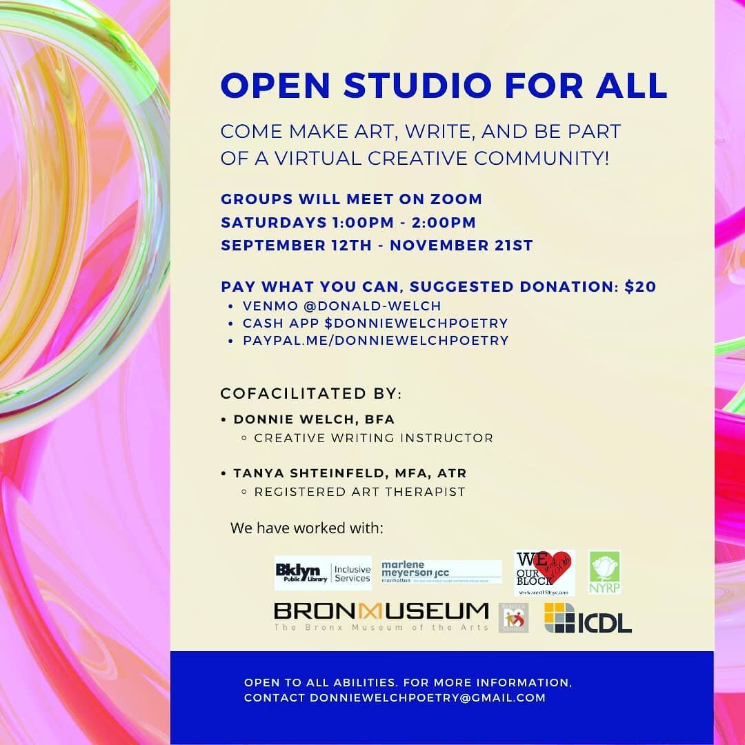 Starting up Fall virtual classes this wknd w Open Studio for All, a pay-what-you-can art class w educator &amp; art therapist @tshteinfeld. The class is open to all ages &amp; all abilities! Saturdays (Sept 12 - Nov 21) 1pm-2pm EST. DM or Email to re