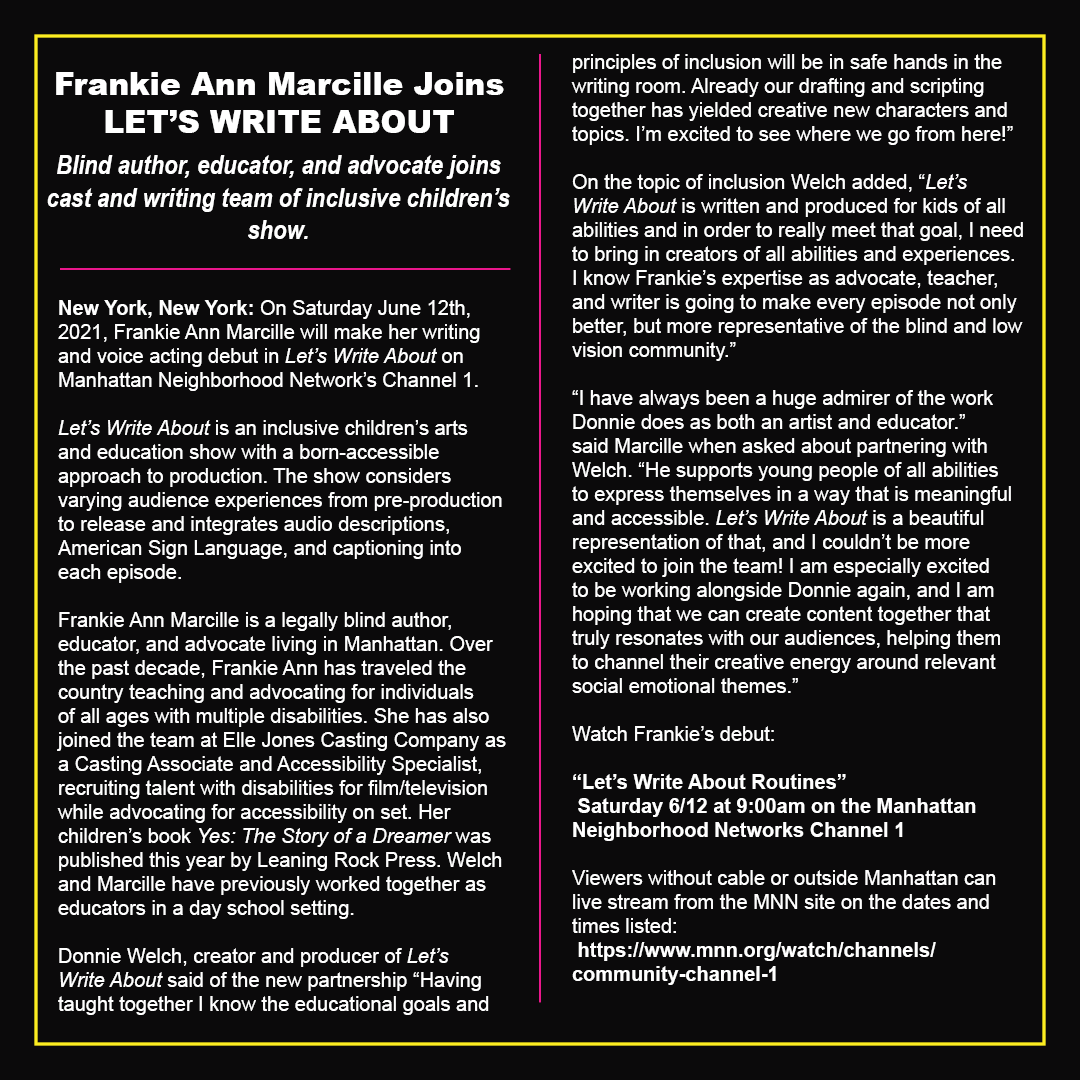 Press release in white text against a black frame, text is bordered with pink and yellow lines. Text from graphic is same as typed above.