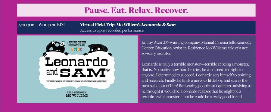 Conference schedule showing “Virtual Field Trip: Mo Willem’s Leonardo &amp; Sam” designed with a purple background and theme.