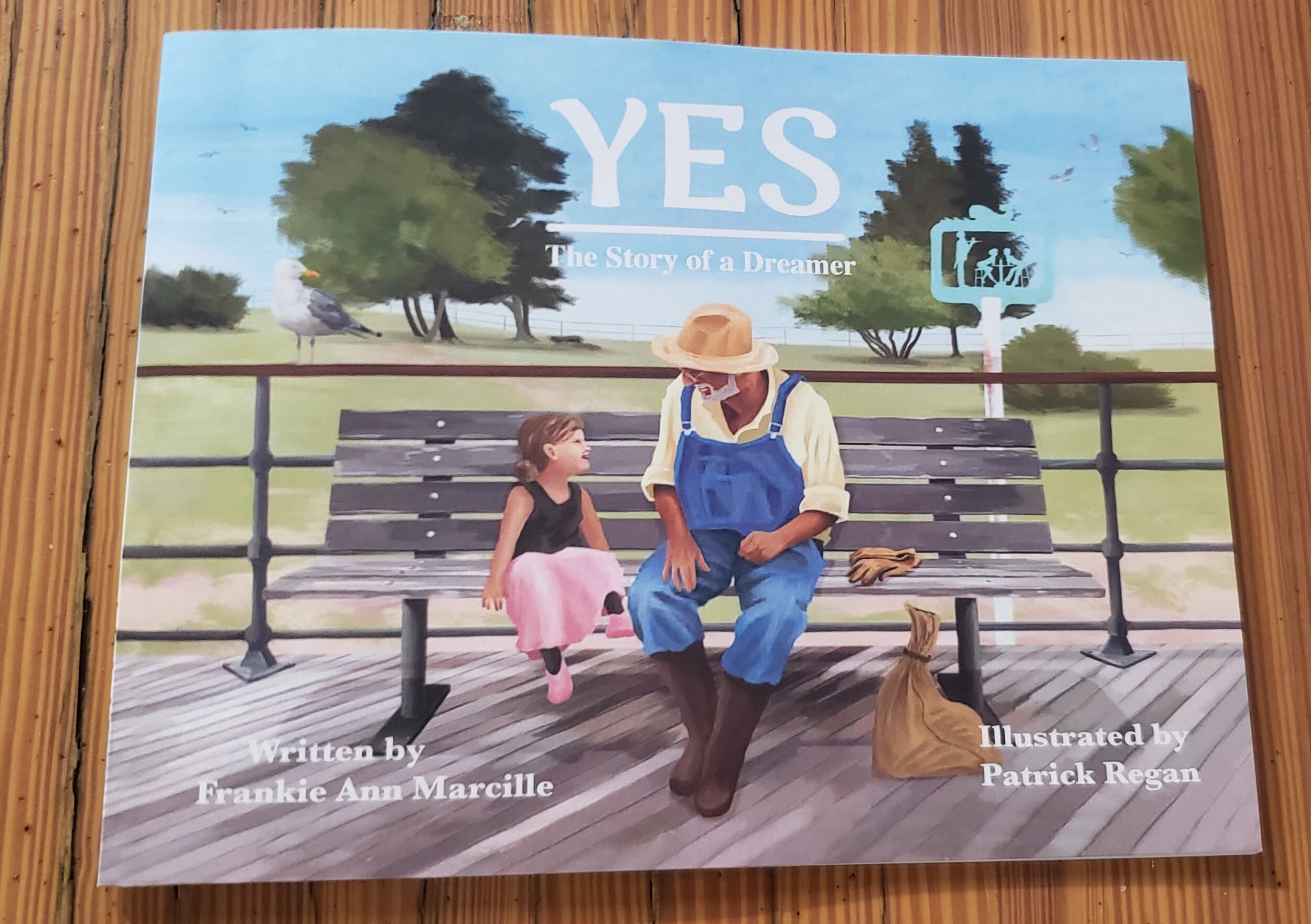 Picture book cover. A realistic illustration of an older man in overalls sitting on a bench with a young girl in a ballerina outfit. The two are looking at one another and smiling.