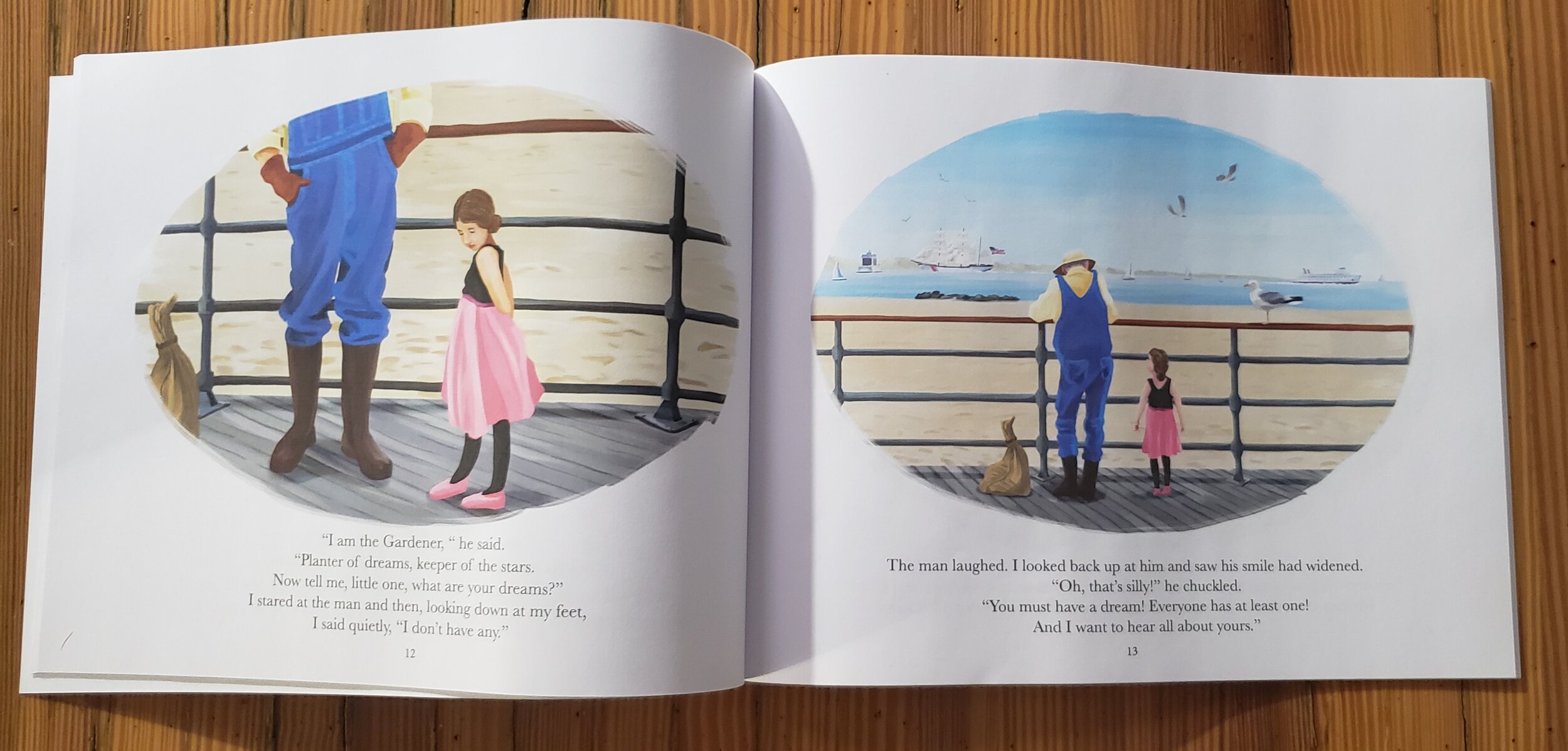 Picture book spread with realistic illustrations. The illustration on the left shows a little girl looking down shyly beside a pair of legs in jeans. The picture on the right shows the little girl standing next to an older man dressed like a gardene…