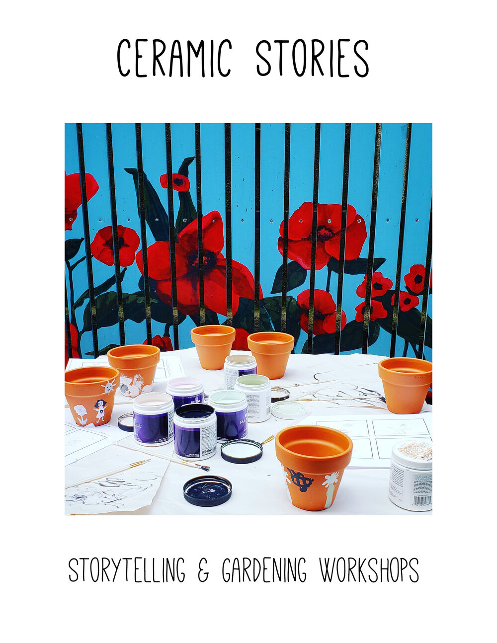 On a white background an image of terra cotta pots in bright paints on top of a table. Brushes, open cans, and scrap paper can also be seen around the project. Above and below the image the title and subtitle are situated in a handwriting like font.
