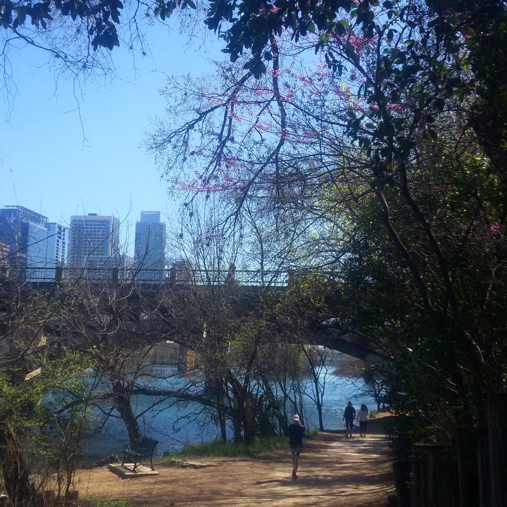 In the foreground is a fairly wide dirt path with a metal bench, one person running, and two people walking together. Beside the path is a river. The path is covered in trees, some green with leaves others with small purple/pink buds. In the background is a bridge and beyond that are skyscrapers in the Austin, TX skyline.