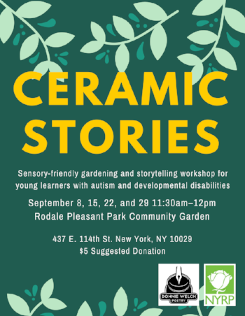 Flyer for a program called “Ceramic Stories” Cartoonish vines grow from the top, followed by the title in bold yellow letters and the details in smaller white lettering. In the bottom right are logos and finally a border of vines appear to grow up from the bottom. All on a dark green background.