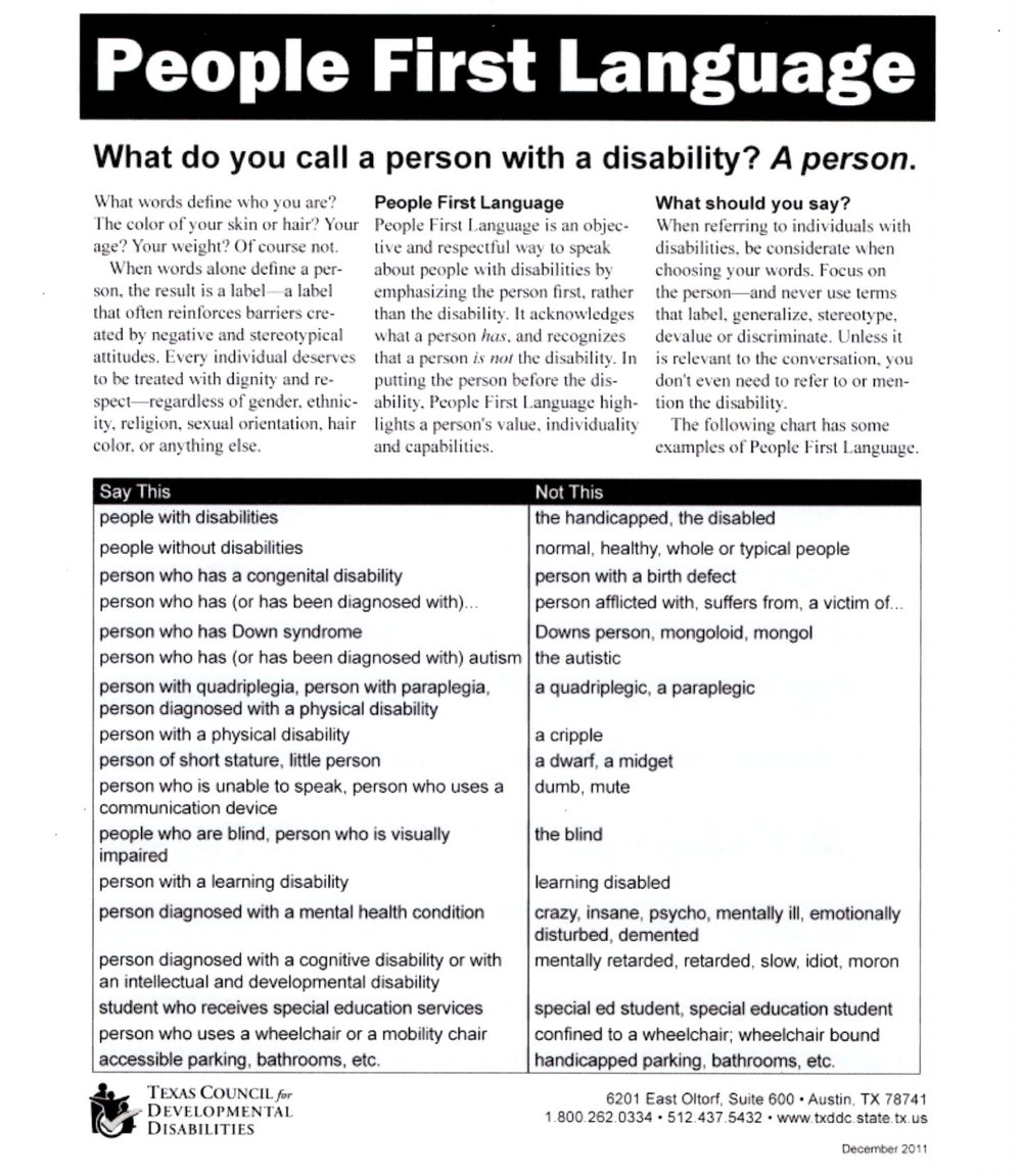 "People First Language" guidelines included in the Volunteer information packet. Brief introduction followed by two columns “Say This” “Not This” in black lettering on a white background.