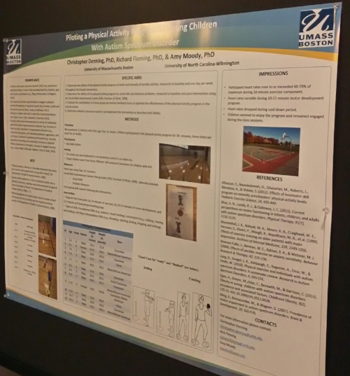 Academic poster form Umass Boston. The title and subtitle blocked out by a light glare. The Umass Boston logo and color scheme, blue and white, are employed throughout. The lettering and charts are black on a white background.