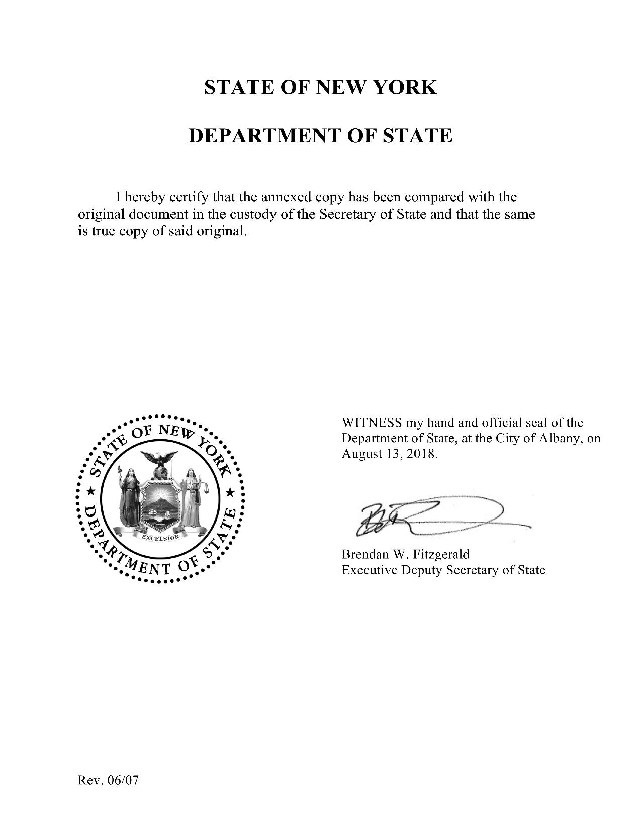 Scan of formal document from the State of New York Department of State. White paper with black text including the state seal of New York and a formal signature form the Executive Deputy Secretary of State Brendan W. Fitzgerald