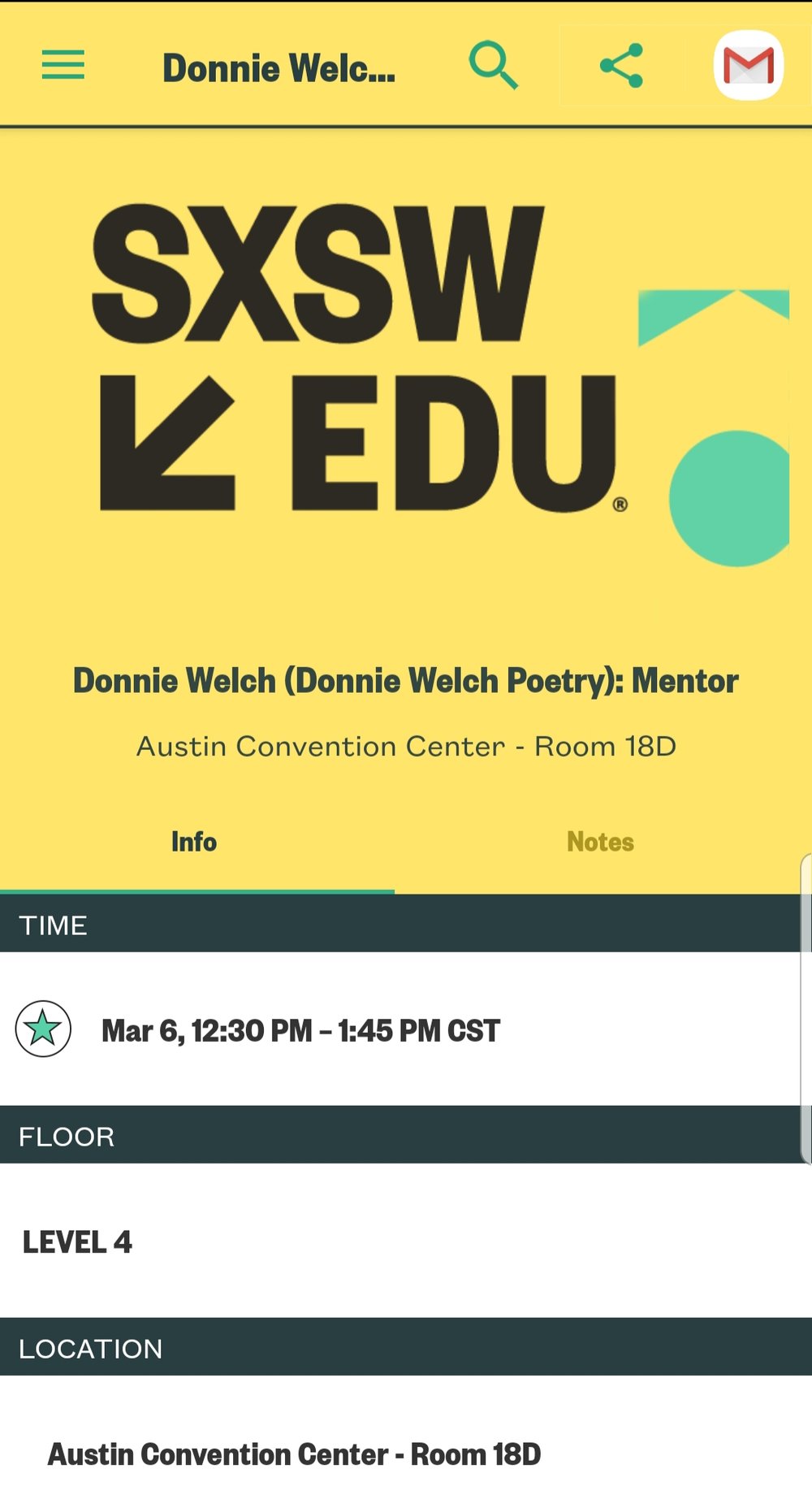 Screenshot from the SXSWeud App with the SXSW logo and a bright yellow background up top. Below that in tiers of information are the details and location to a mentor session with Donnie Welch