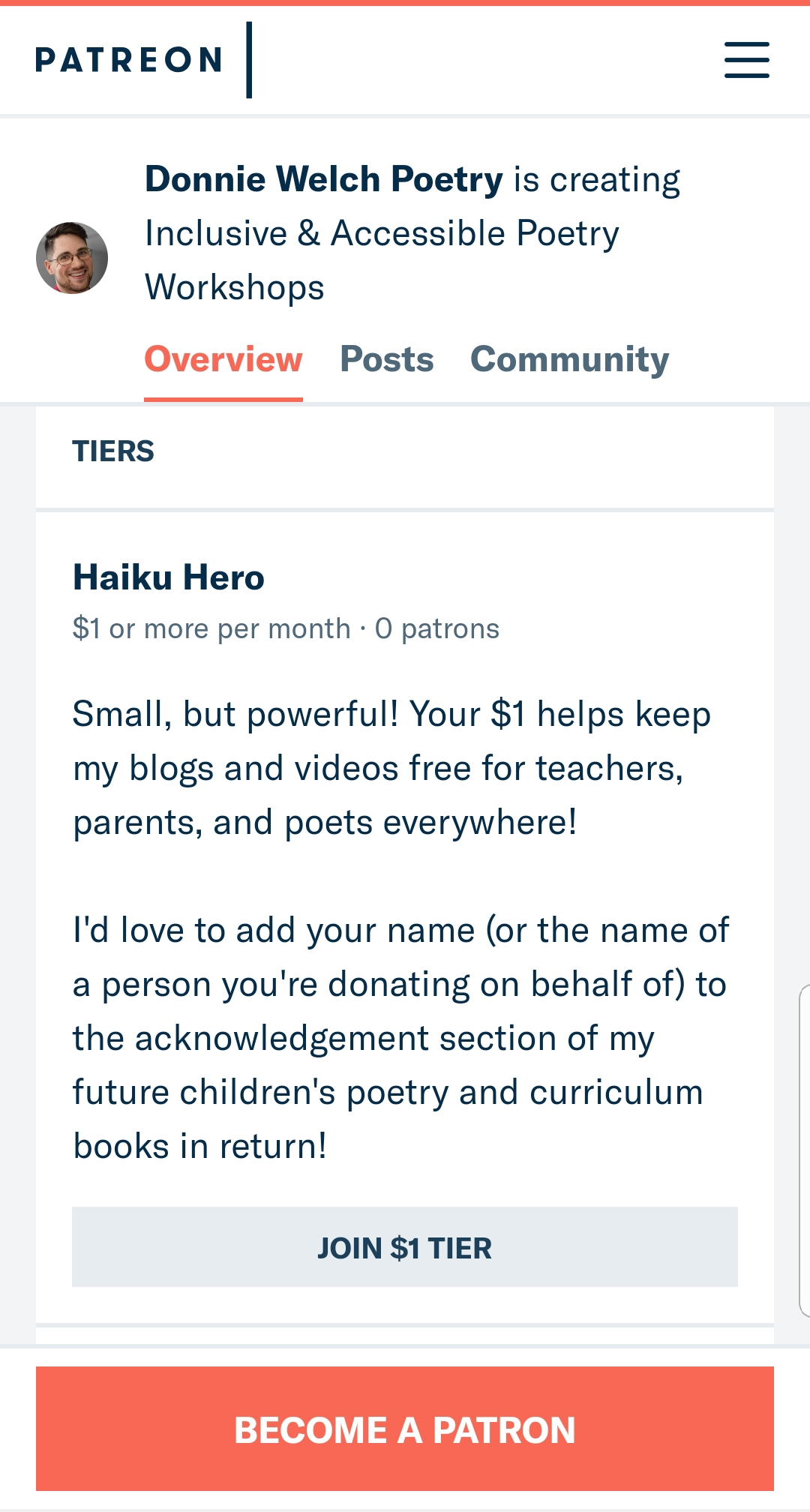 Patreon home page. In the top is an avatar image of Donne Welch, a young white male with glasses, followed by a description of a $1 donation tier.